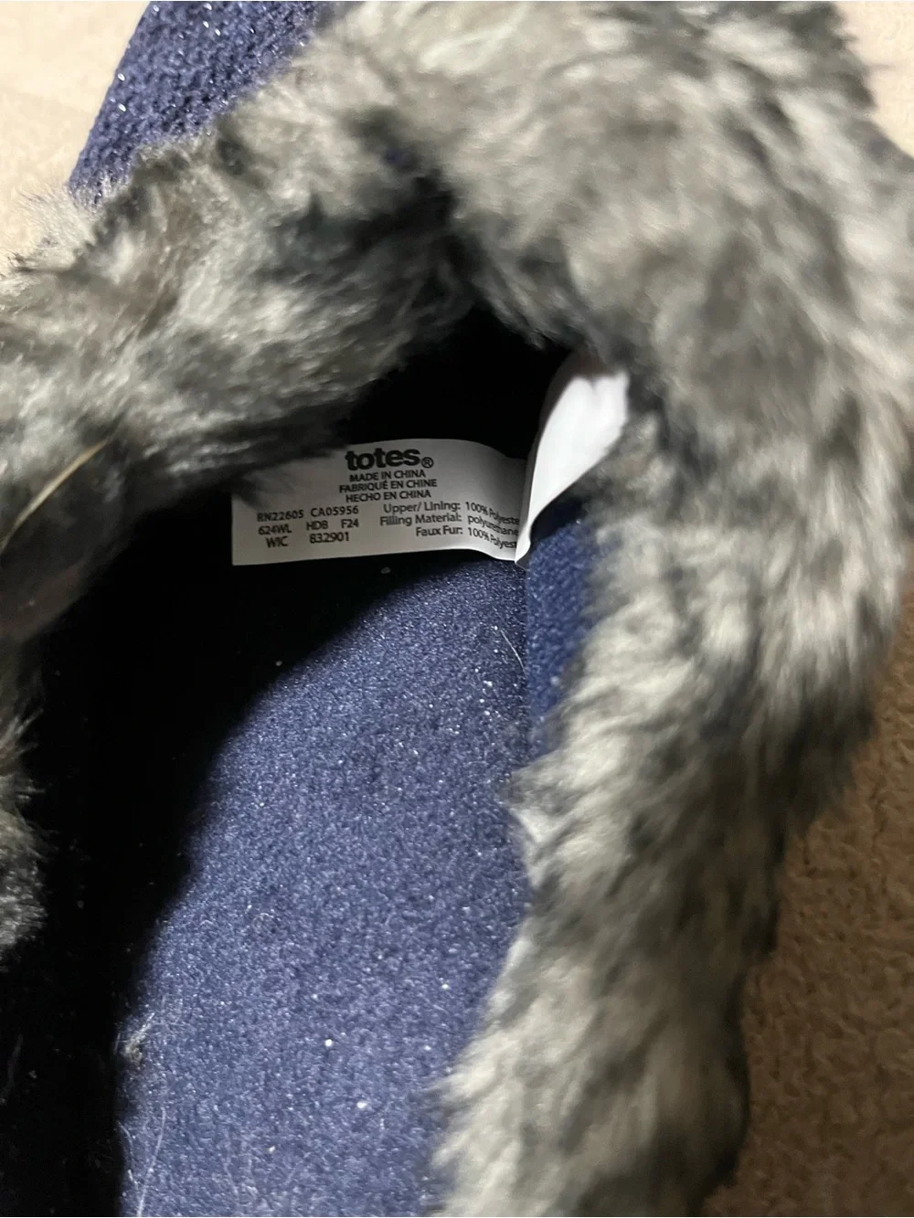 totes Kids Navy Slippers with Gray Faux-Fur Trim